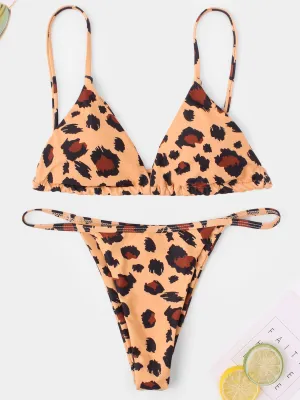 Wholesale Orange V-Neck Sleeveless Leopard Two Piece Bikini