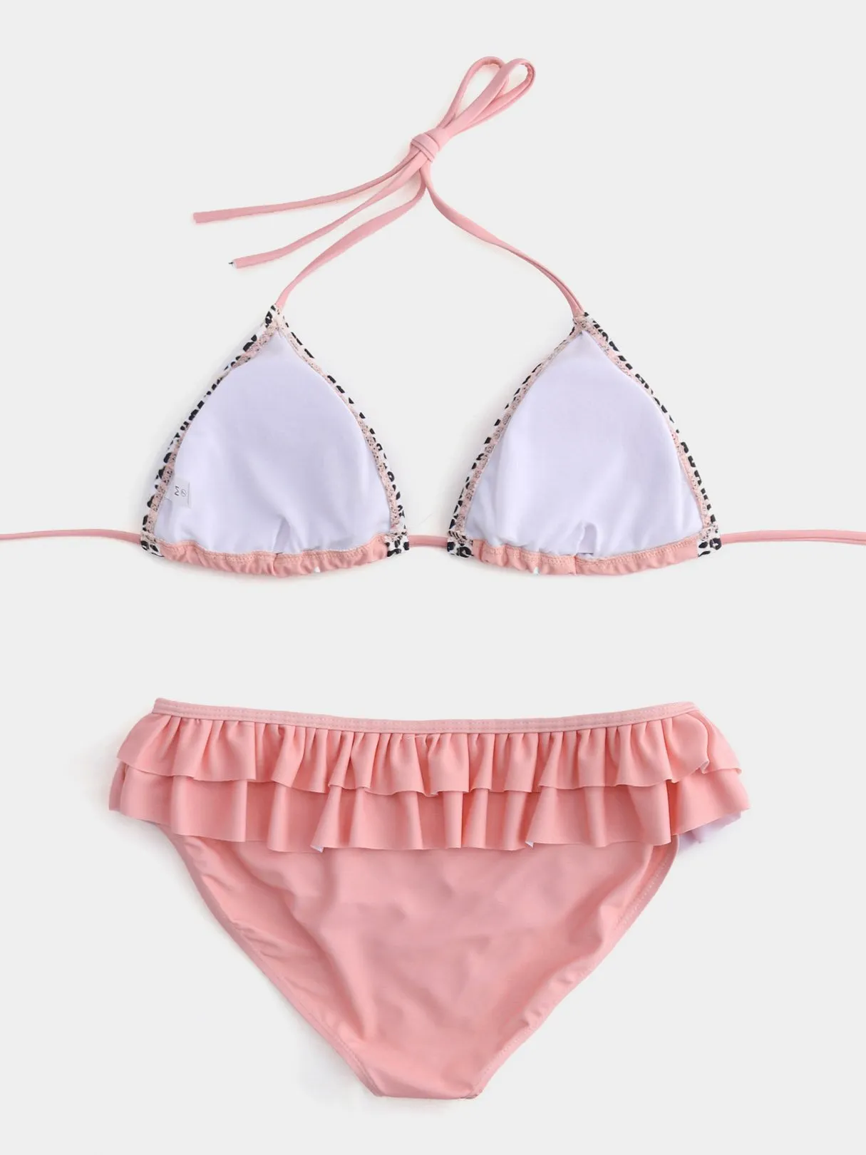 Wholesale Pink Halter Floral Print Backless Tie-Up Flounced Hem Bikinis