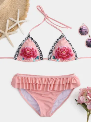 Wholesale Pink Halter Floral Print Backless Tie-Up Flounced Hem Bikinis