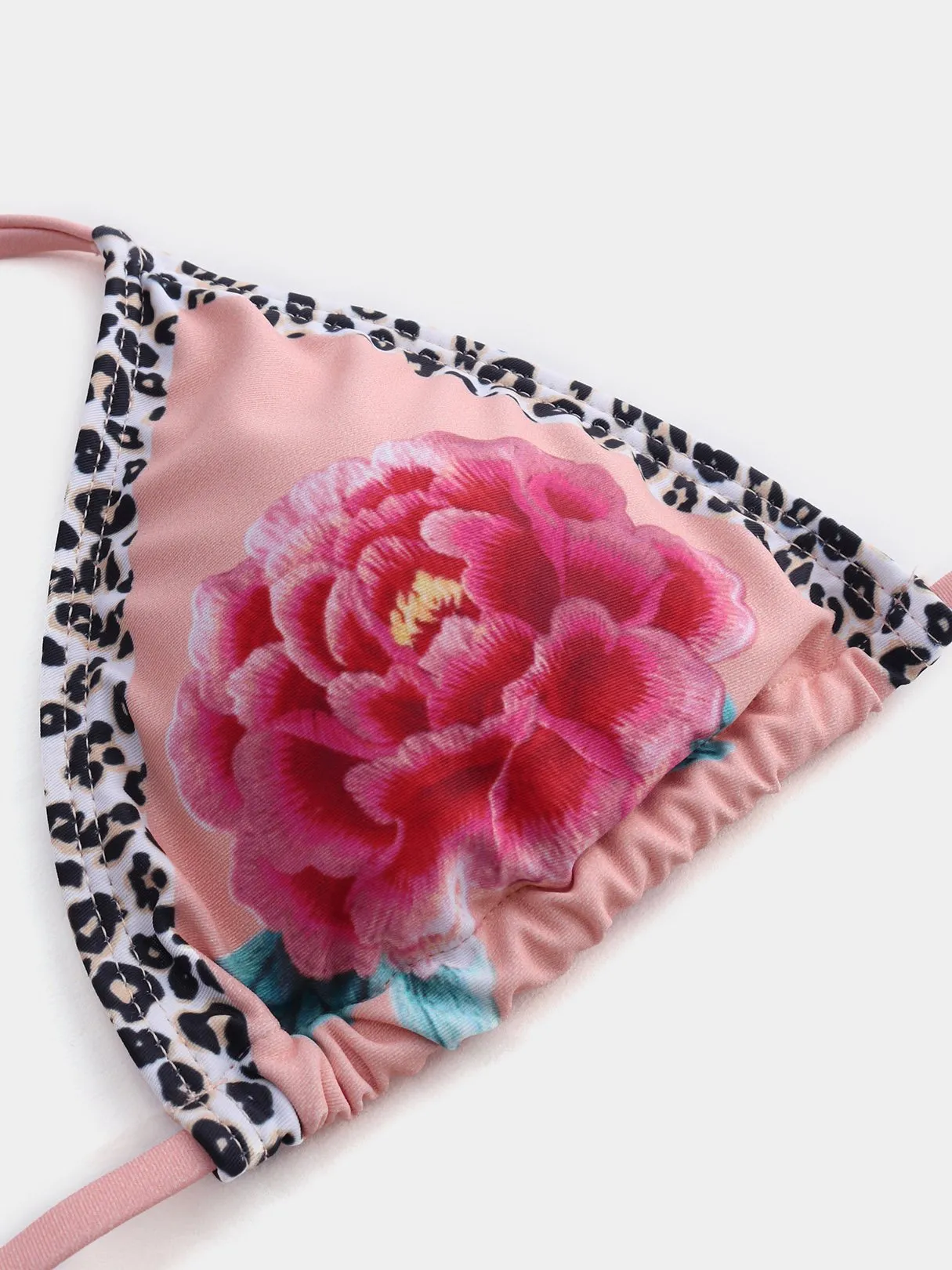 Wholesale Pink Halter Floral Print Backless Tie-Up Flounced Hem Bikinis