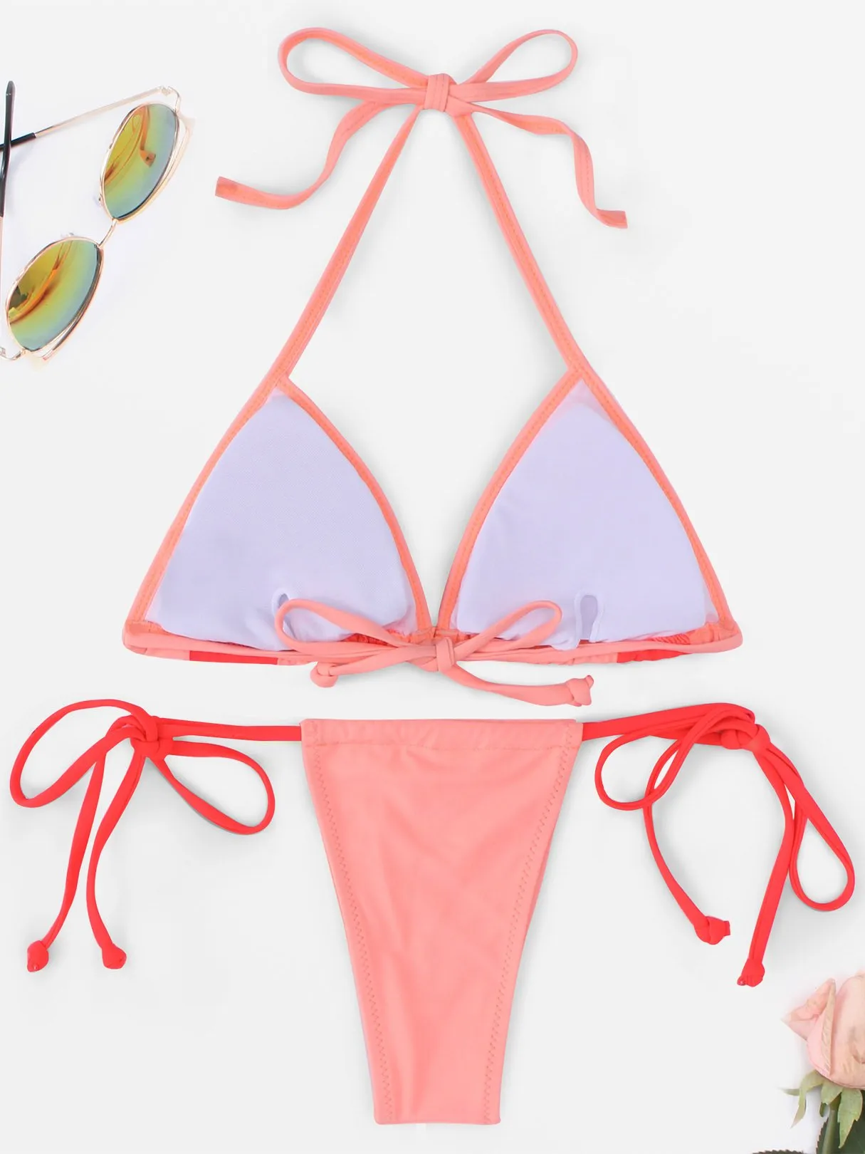 Wholesale Pink Halter Sleeveless Plain Backless Two Piece Bikinis