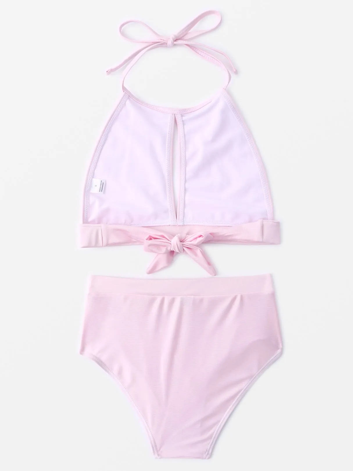 Wholesale Pink Halter Sleeveless Plain Tie-Up High Waist Two Piece Bikinis