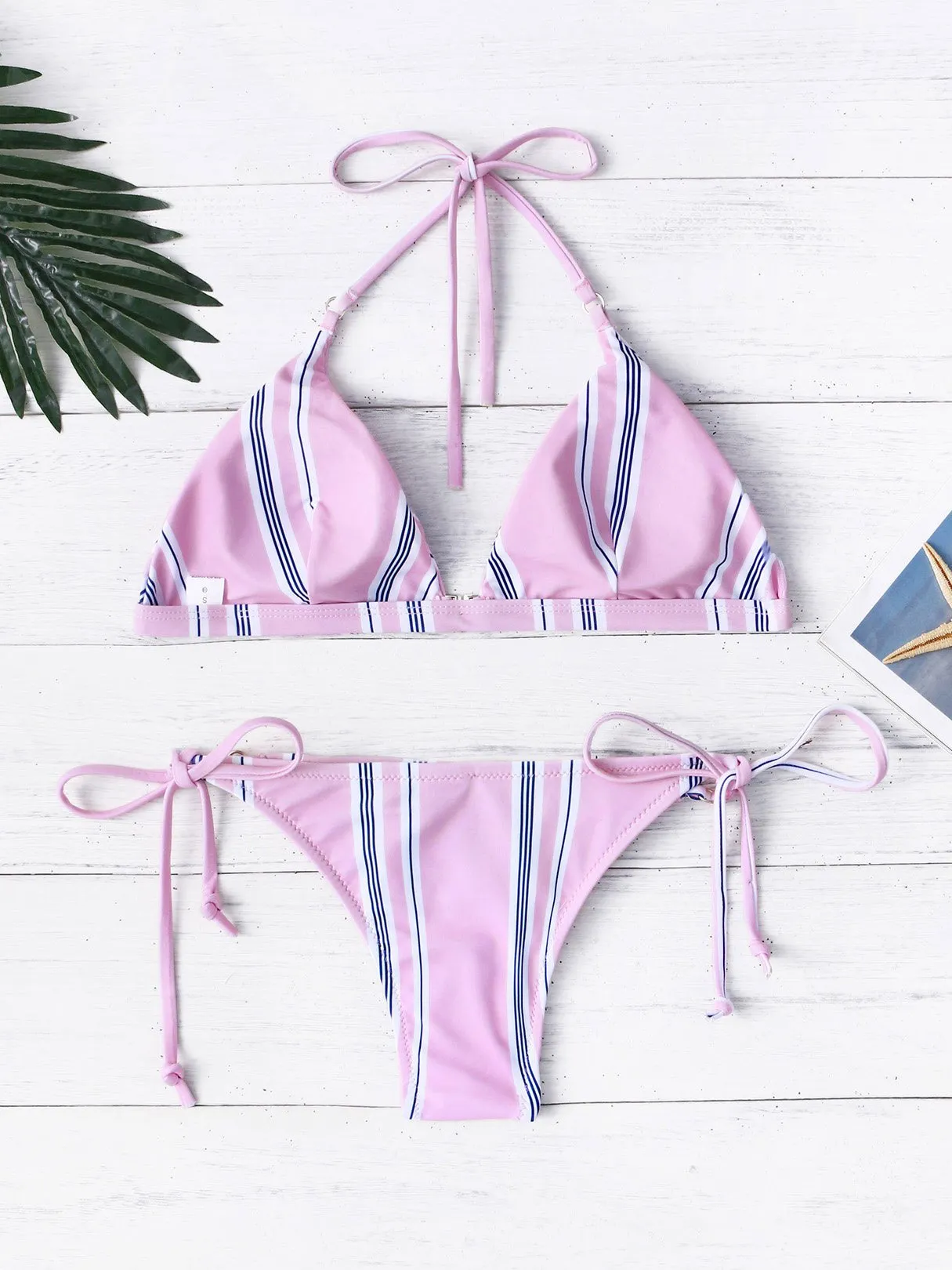 Wholesale Pink Halter Sleeveless Stripe Two Piece Bikinis