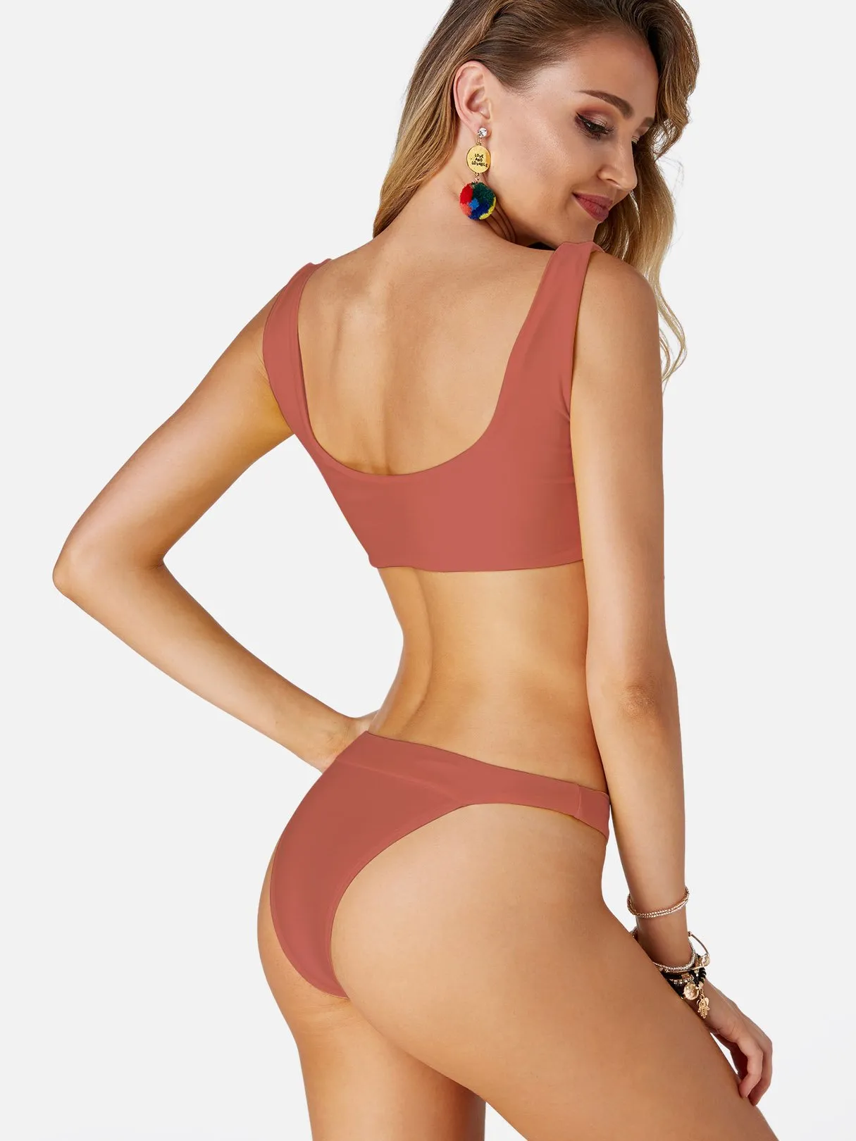 Wholesale Pink Scoop Neck Sleeveless Plain Backless Tie-Up 2 Piece Bikinis