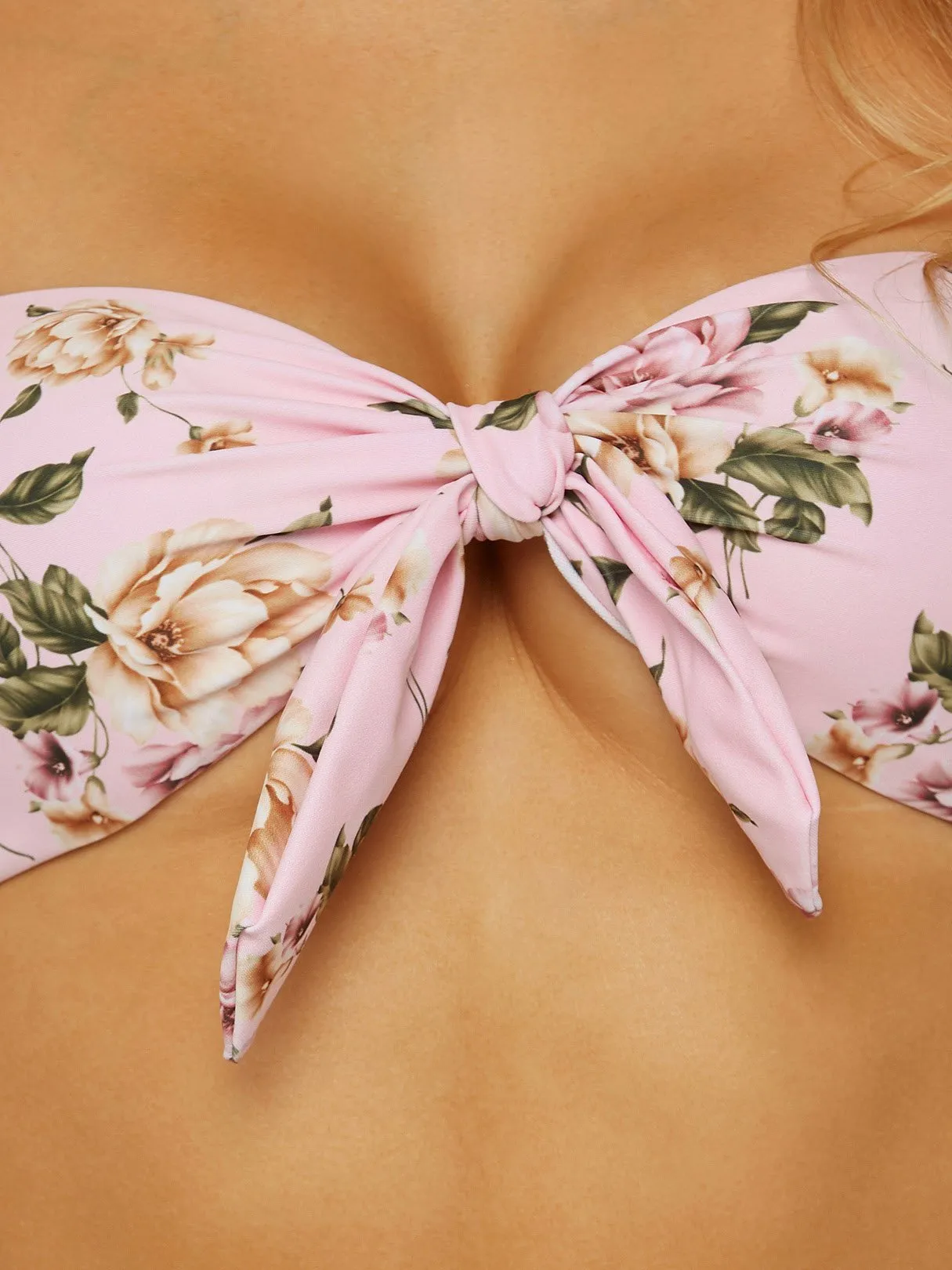 Wholesale Pink Strapless Off The Shoulder Floral Print Two Piece Bikinis