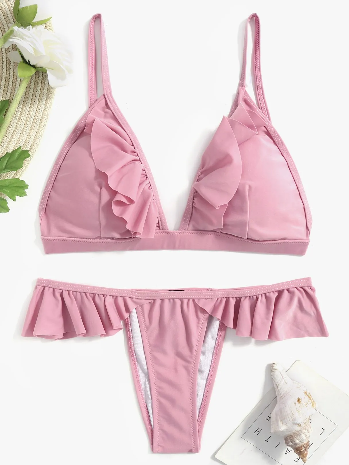 Wholesale Pink V-Neck Sleeveless Flounced Hem Two Piece Bikinis