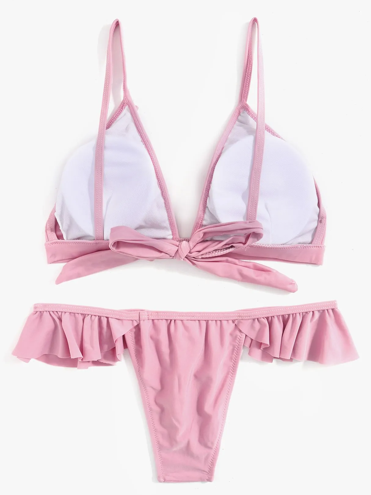 Wholesale Pink V-Neck Sleeveless Flounced Hem Two Piece Bikinis