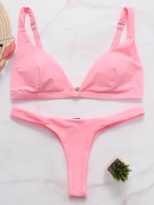 Wholesale Pink V-Neck Sleeveless Plain Backless High Waist 2 Piece Bikinis