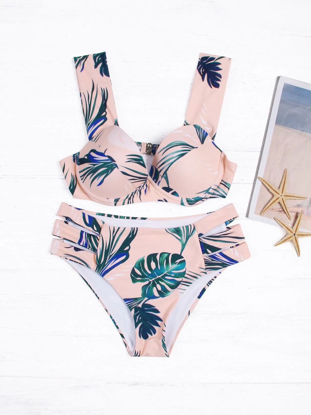 Wholesale Pink V-Neck Sleeveless Printed Bikinis