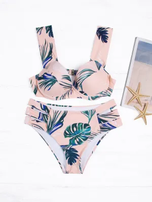 Wholesale Pink V-Neck Sleeveless Printed Bikinis