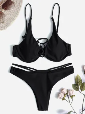 Wholesale Plain Lace-Up Spaghetti Strap Self-Tie Two Piece Bikinis