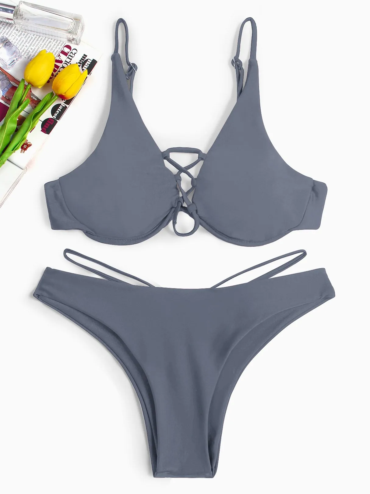 Wholesale Plain Lace-Up Spaghetti Strap Self-Tie Two Piece Bikinis