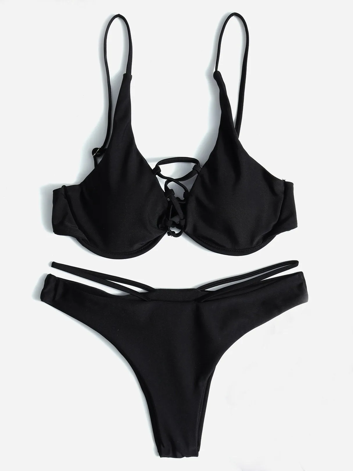 Wholesale Plain Lace-Up Spaghetti Strap Self-Tie Two Piece Bikinis