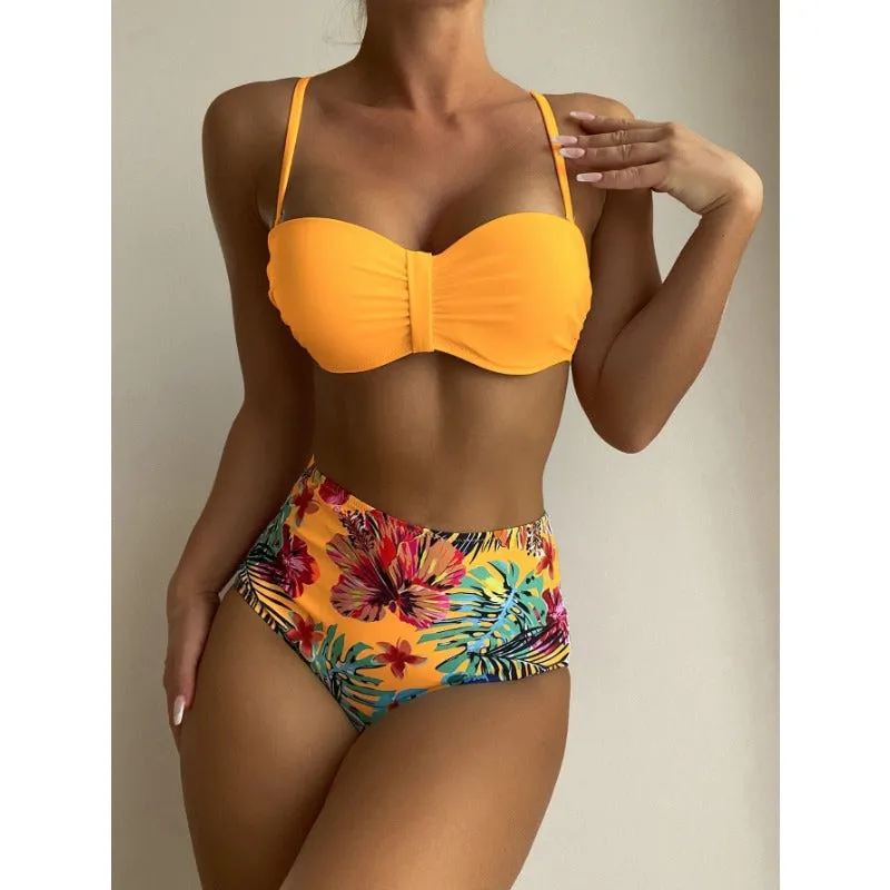 Wholesale Polyester Printed High Waisted Split Swimsuits