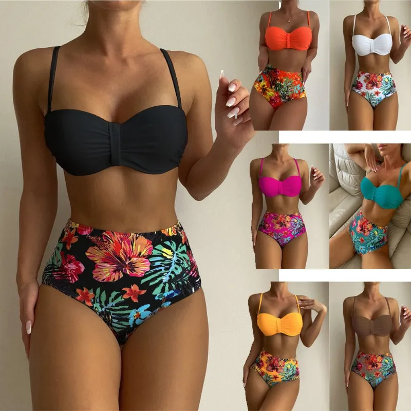 Wholesale Polyester Printed High Waisted Split Swimsuits