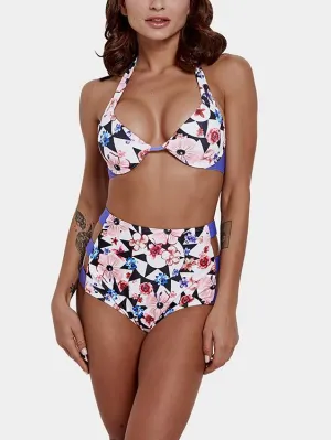 Wholesale Purple Halter Sleeveless Floral Print Cut Out Tie-Up High-Waisted Bikini Suits