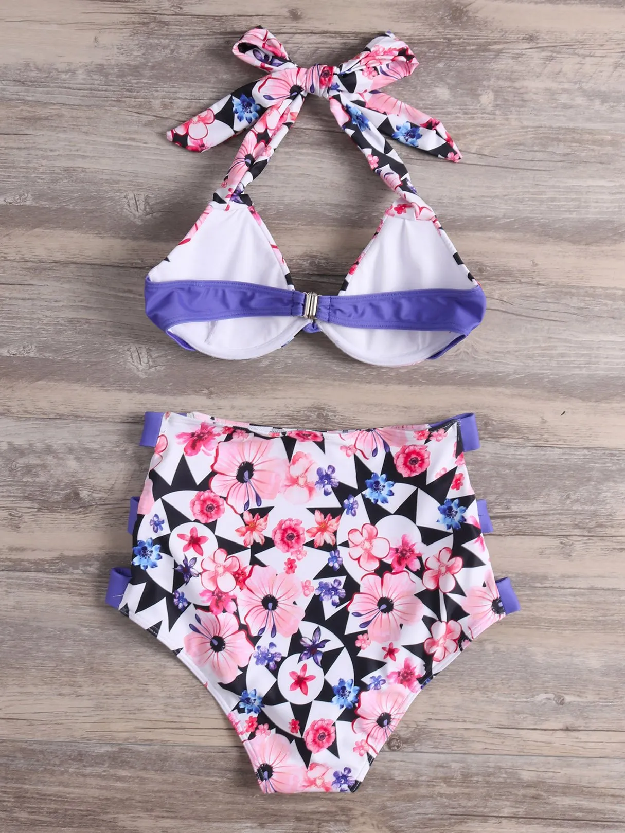 Wholesale Purple Halter Sleeveless Floral Print Cut Out Tie-Up High-Waisted Bikini Suits
