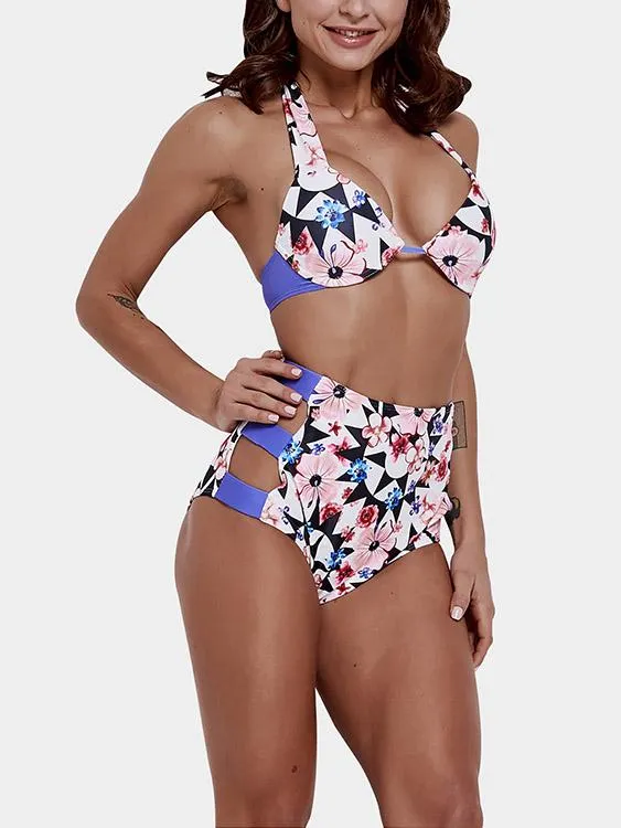 Wholesale Purple Halter Sleeveless Floral Print Cut Out Tie-Up High-Waisted Bikini Suits