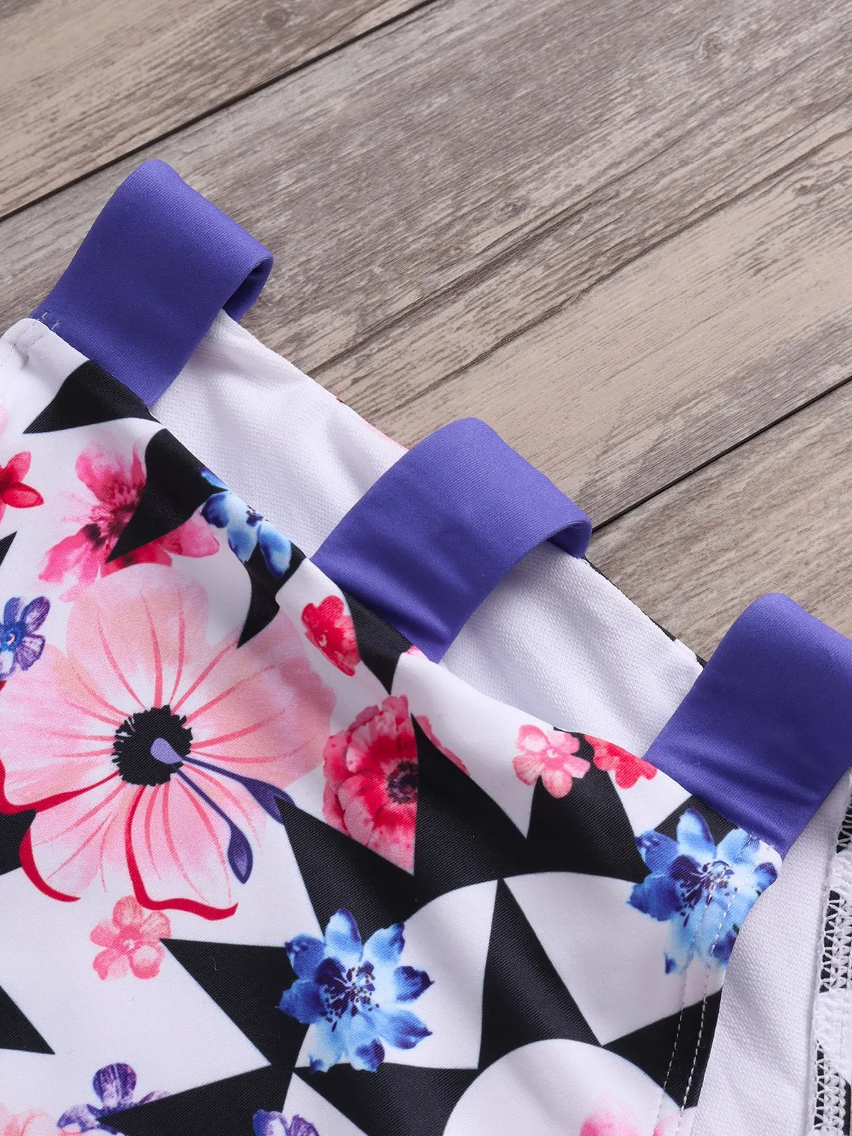 Wholesale Purple Halter Sleeveless Floral Print Cut Out Tie-Up High-Waisted Bikini Suits