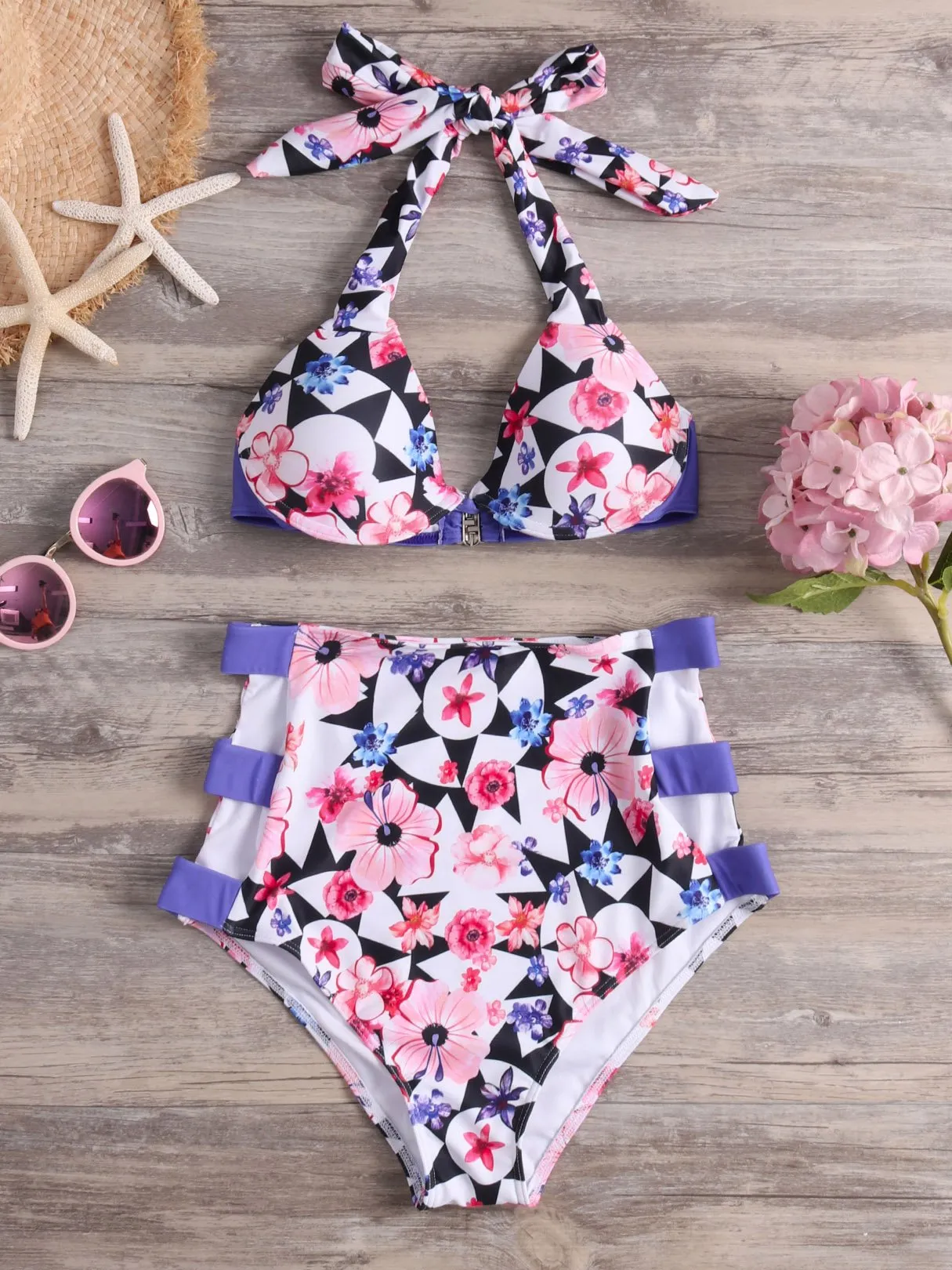 Wholesale Purple Halter Sleeveless Floral Print Cut Out Tie-Up High-Waisted Bikini Suits