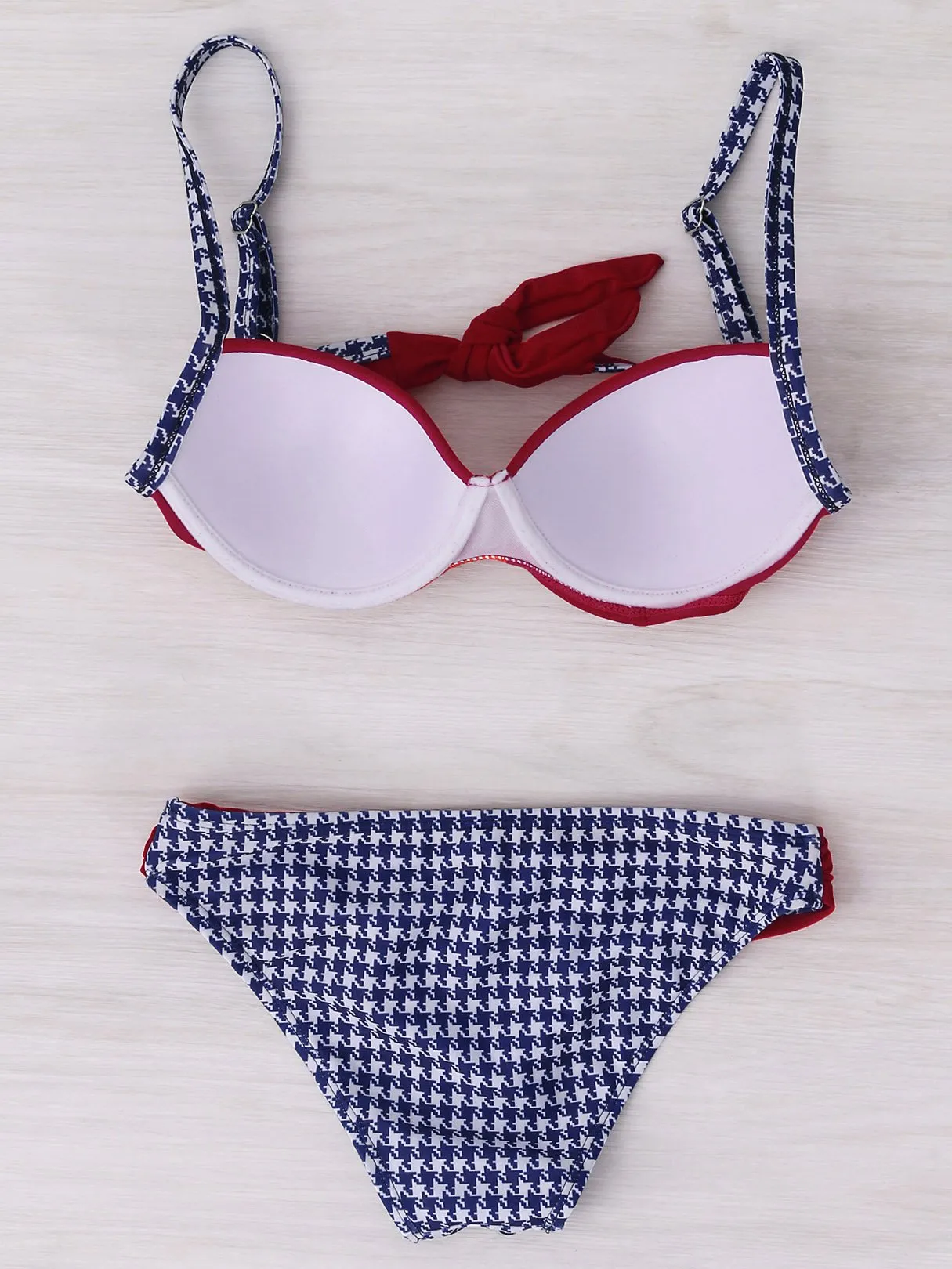 Wholesale Red Deep V-Neck Sleeveless Floral Print Backless Two Piece Bikinis