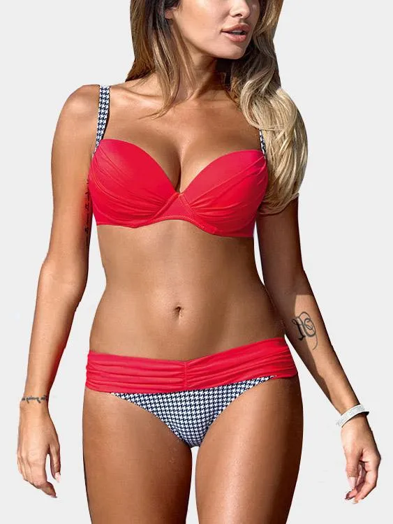 Wholesale Red Deep V-Neck Sleeveless Floral Print Backless Two Piece Bikinis
