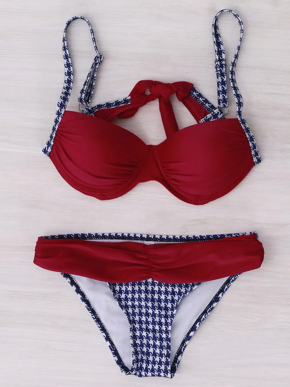 Wholesale Red Deep V-Neck Sleeveless Floral Print Backless Two Piece Bikinis
