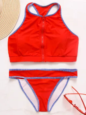 Wholesale Red Halter Sleeveless Stripe Zip Back Two Piece Bikinis