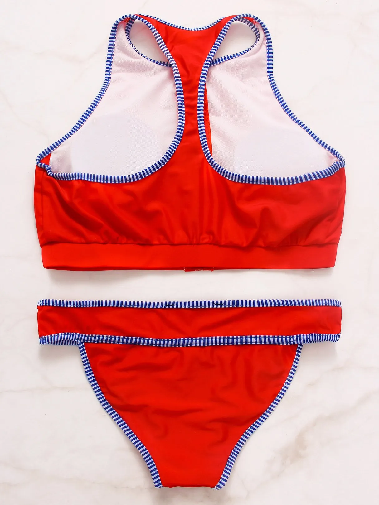 Wholesale Red Halter Sleeveless Stripe Zip Back Two Piece Bikinis