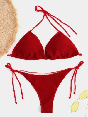 Wholesale Red Halter V-Neck Tie-Up Bikinis