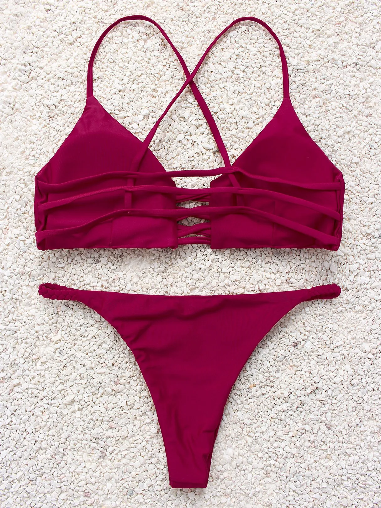 Wholesale Red Scoop Neck Sleeveless Lace Cut Out Bikinis