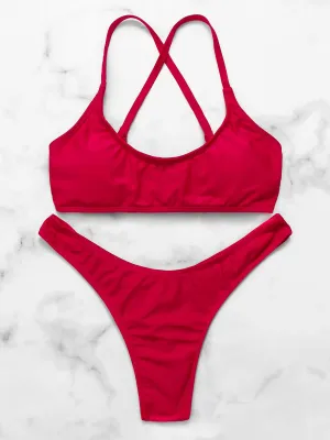 Wholesale Red Scoop Neck Sleeveless Plain Criss-Cross Tie-Up Two Piece Bikinis