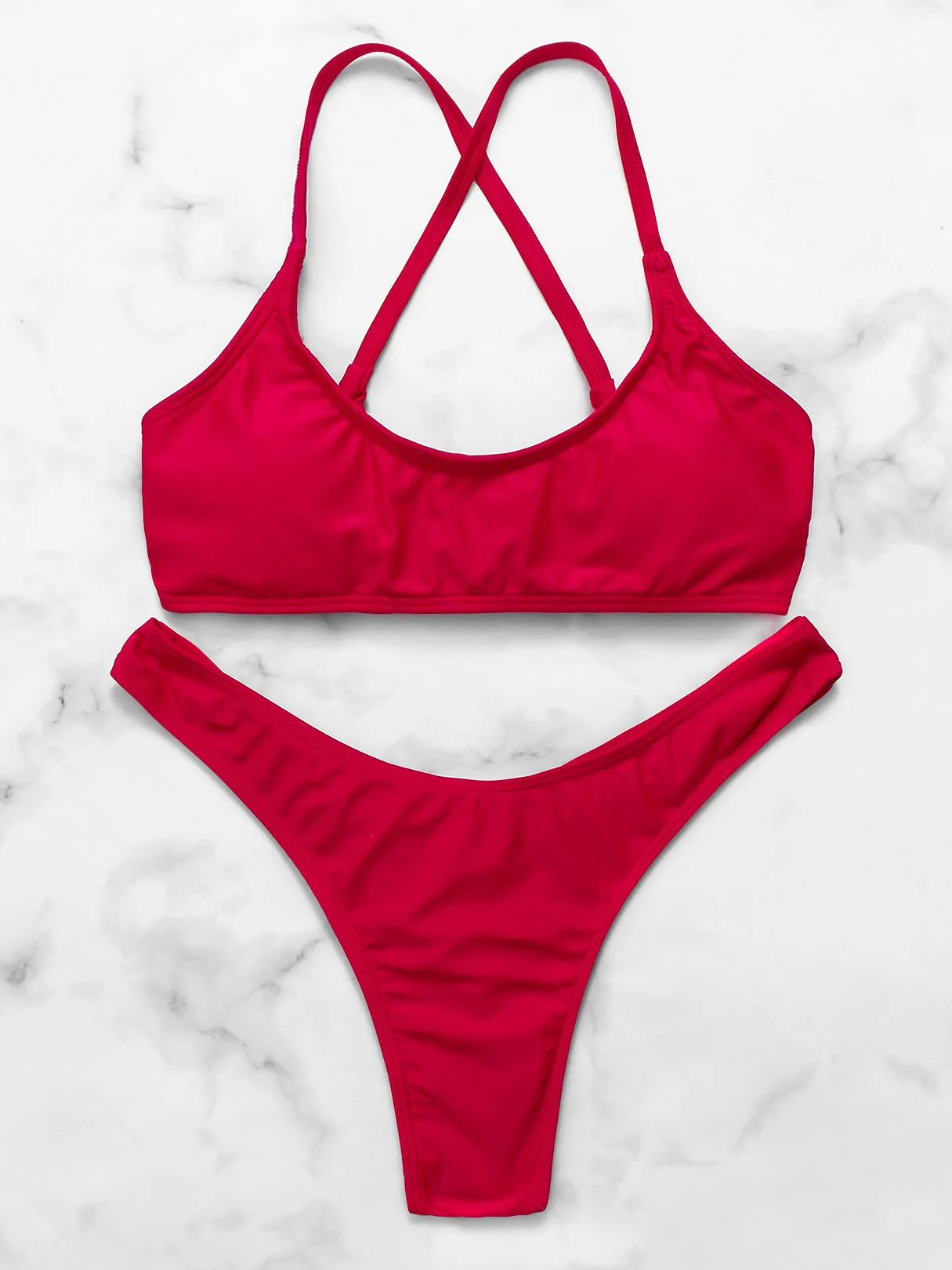 Wholesale Red Scoop Neck Sleeveless Plain Criss-Cross Tie-Up Two Piece Bikinis