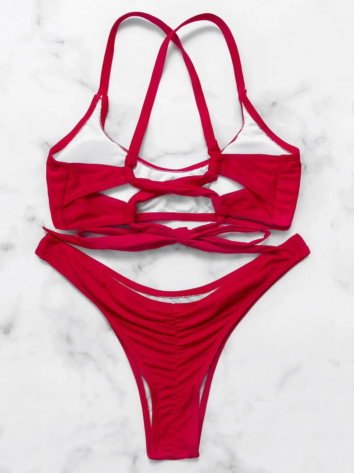 Wholesale Red Scoop Neck Sleeveless Plain Criss-Cross Tie-Up Two Piece Bikinis
