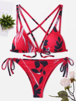 Wholesale Red Sleeveless Floral Print Self-Tie Criss-Cross Bikini Swimwear