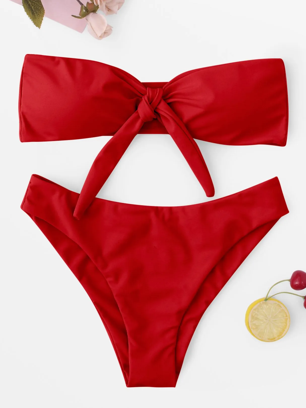 Wholesale Red Tube Top Sleeveless Plain Lace-Up Bowknot Bikinis