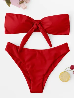 Wholesale Red Tube Top Sleeveless Plain Lace-Up Bowknot Bikinis