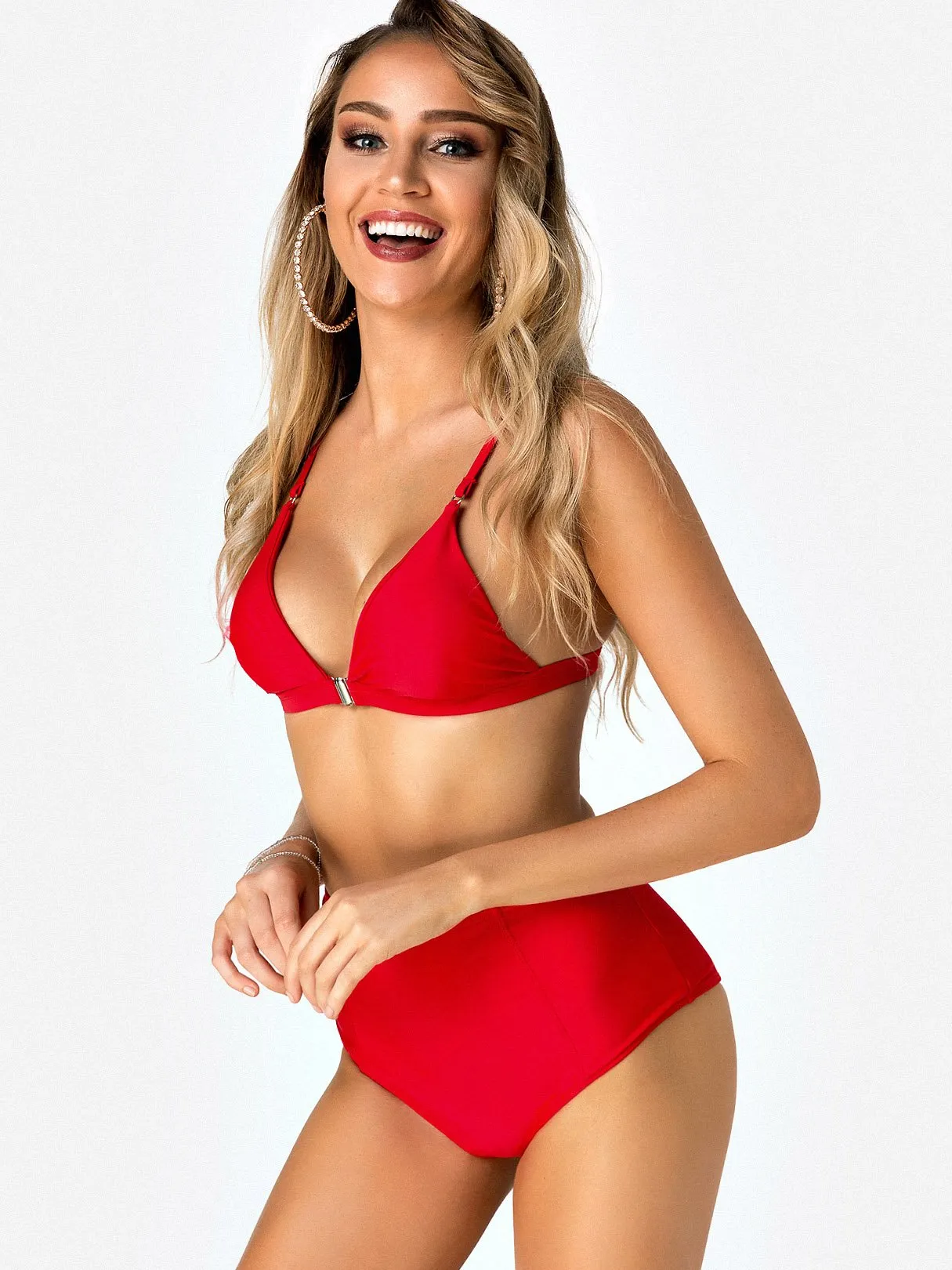 Wholesale Red V-Neck Sleeveless Plain Backless High Waist Two Piece Bikinis