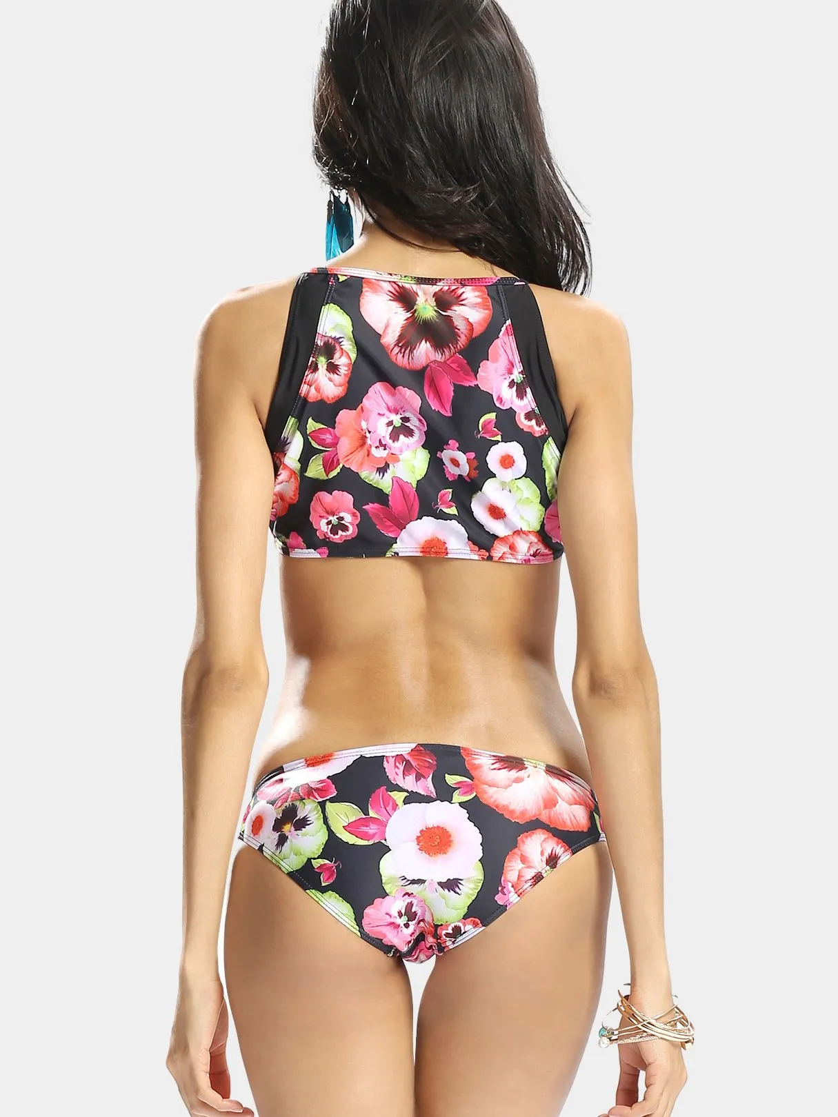 Wholesale Round Neck Floral Print Sleeveless 2 Piece Bikini