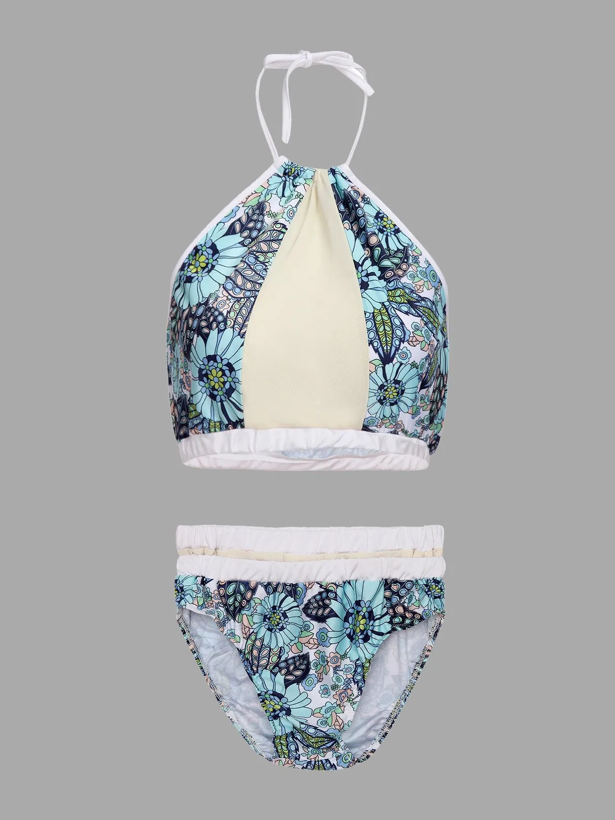 Wholesale Round Neck Floral Print Sleeveless 2 Piece Bikinis