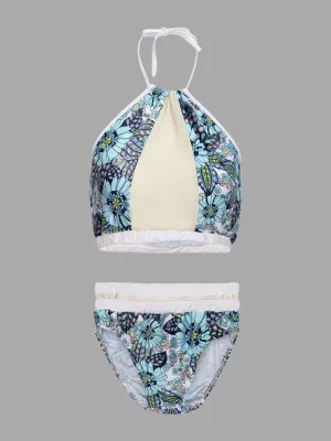 Wholesale Round Neck Floral Print Sleeveless 2 Piece Bikinis