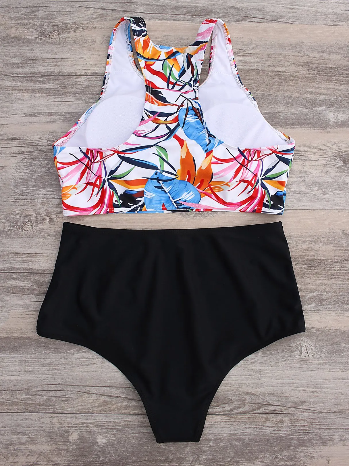 Wholesale Round Neck Grid Floral Print Backless Sleeveless Bikini Set