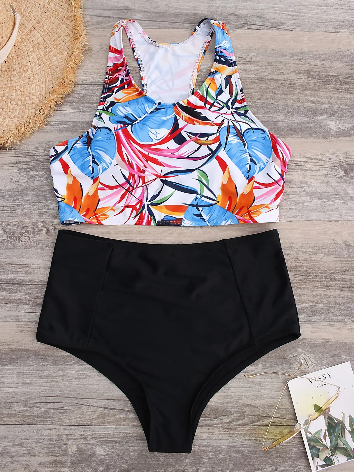 Wholesale Round Neck Grid Floral Print Backless Sleeveless Bikini Set
