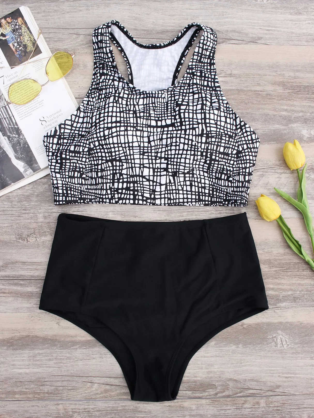 Wholesale Round Neck Grid Floral Print Backless Sleeveless Bikini Set