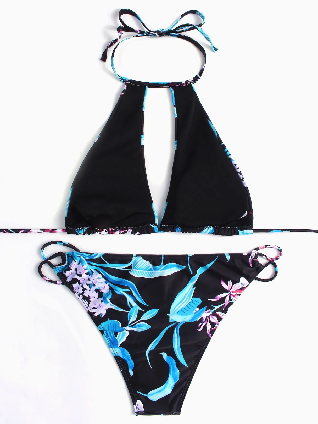 Wholesale Round Neck Halter Sleeveless Printed Cut Out Tie-Up Bikinis