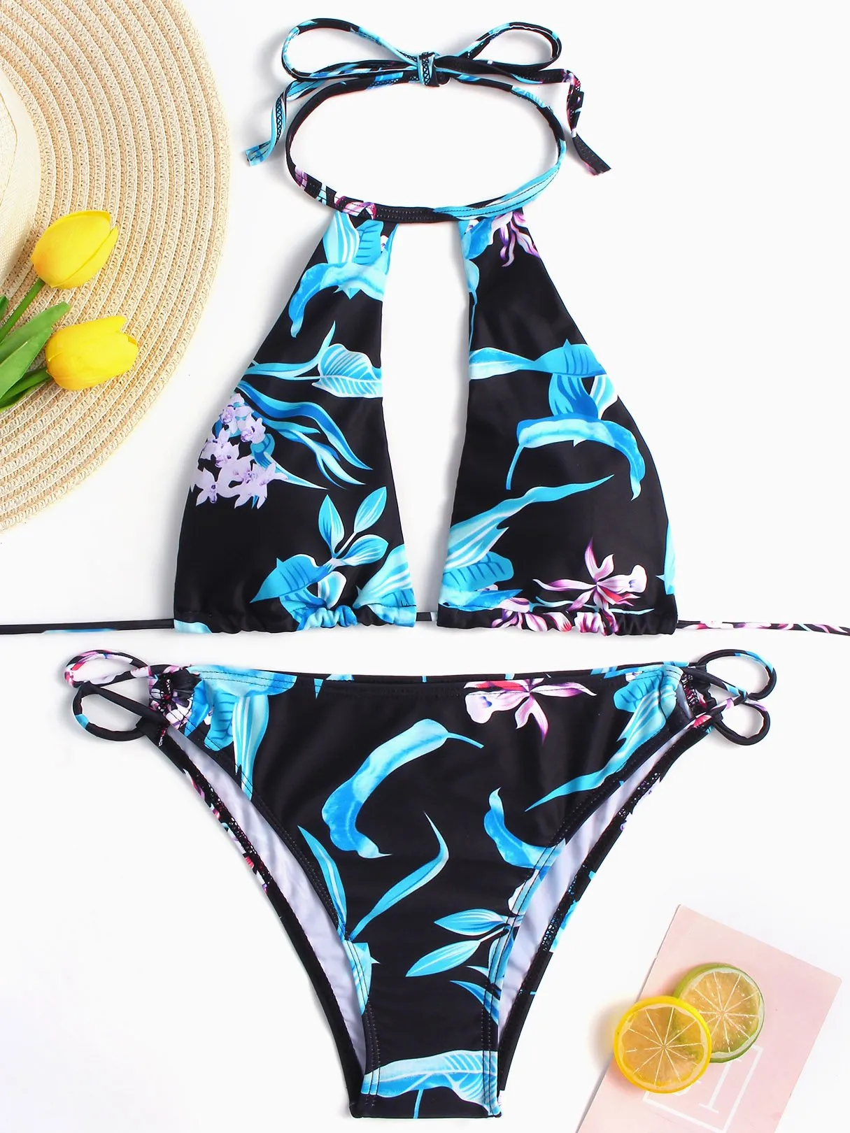 Wholesale Round Neck Halter Sleeveless Printed Cut Out Tie-Up Bikinis
