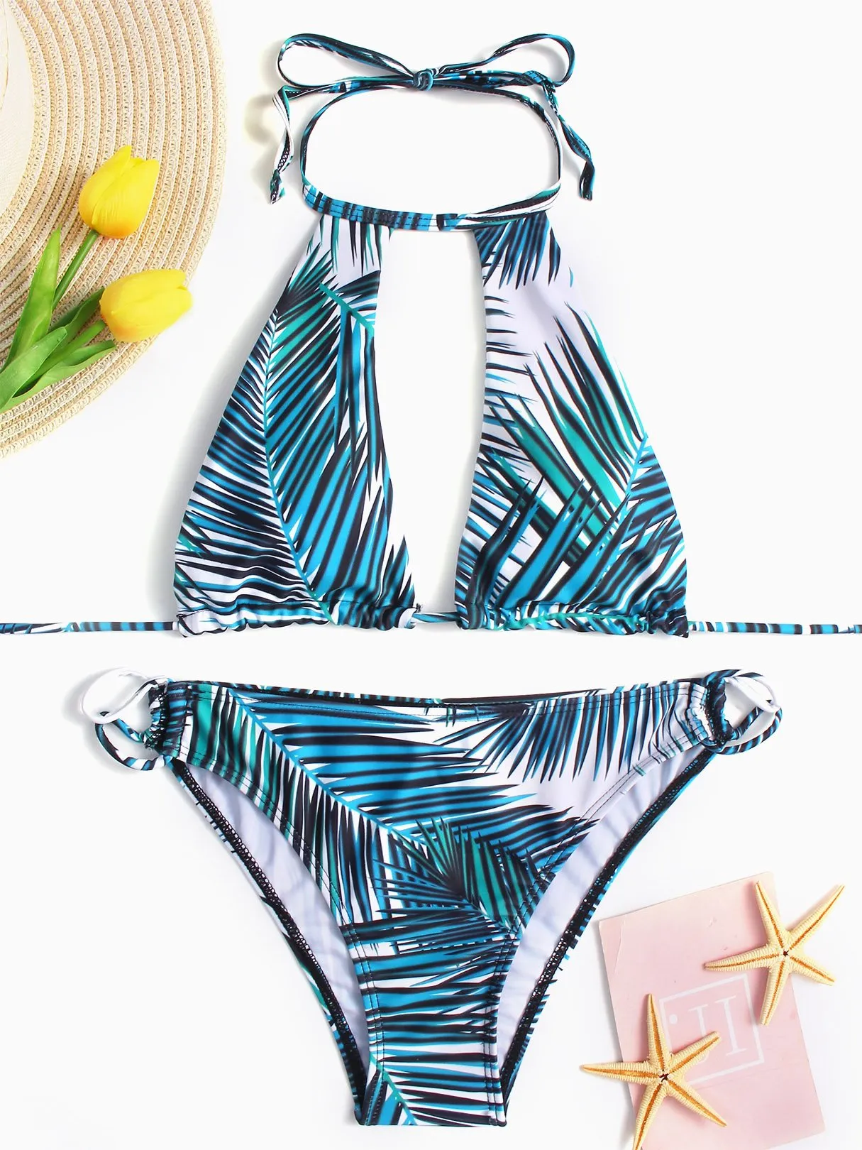 Wholesale Round Neck Halter Sleeveless Printed Cut Out Tie-Up Bikinis