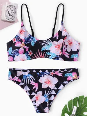 Wholesale Round Neck Sleeveless Floral Print Backless Two Piece Bikinis