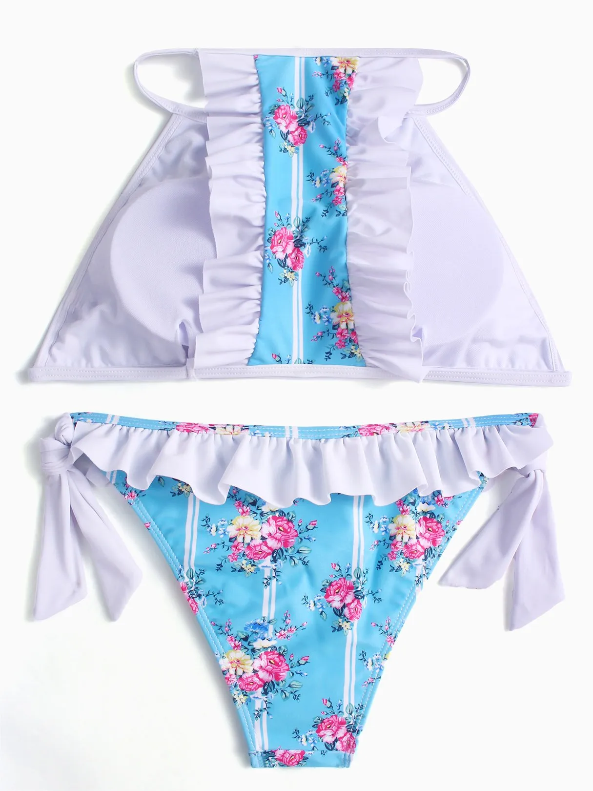 Wholesale Round Neck Sleeveless Floral Print Tie-Up Ruffle Trim Ruffle Hem Two Piece Bikinis