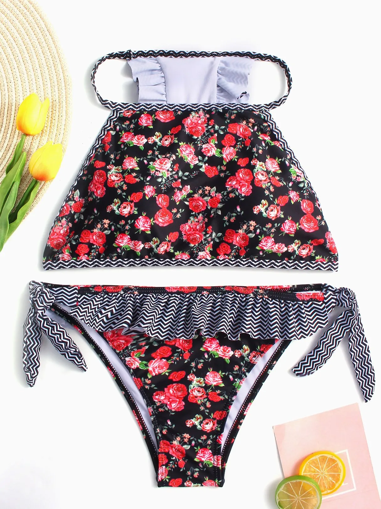 Wholesale Round Neck Sleeveless Floral Print Tie-Up Ruffle Trim Ruffle Hem Two Piece Bikinis